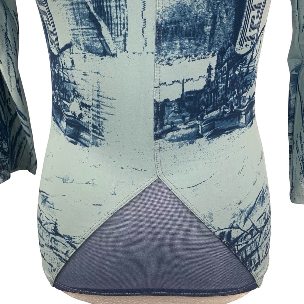 Save the Queen Vintage Graphic Top Sheer Panels Embellished 3/4 Sleeves Blues MS - Picture 11 of 16